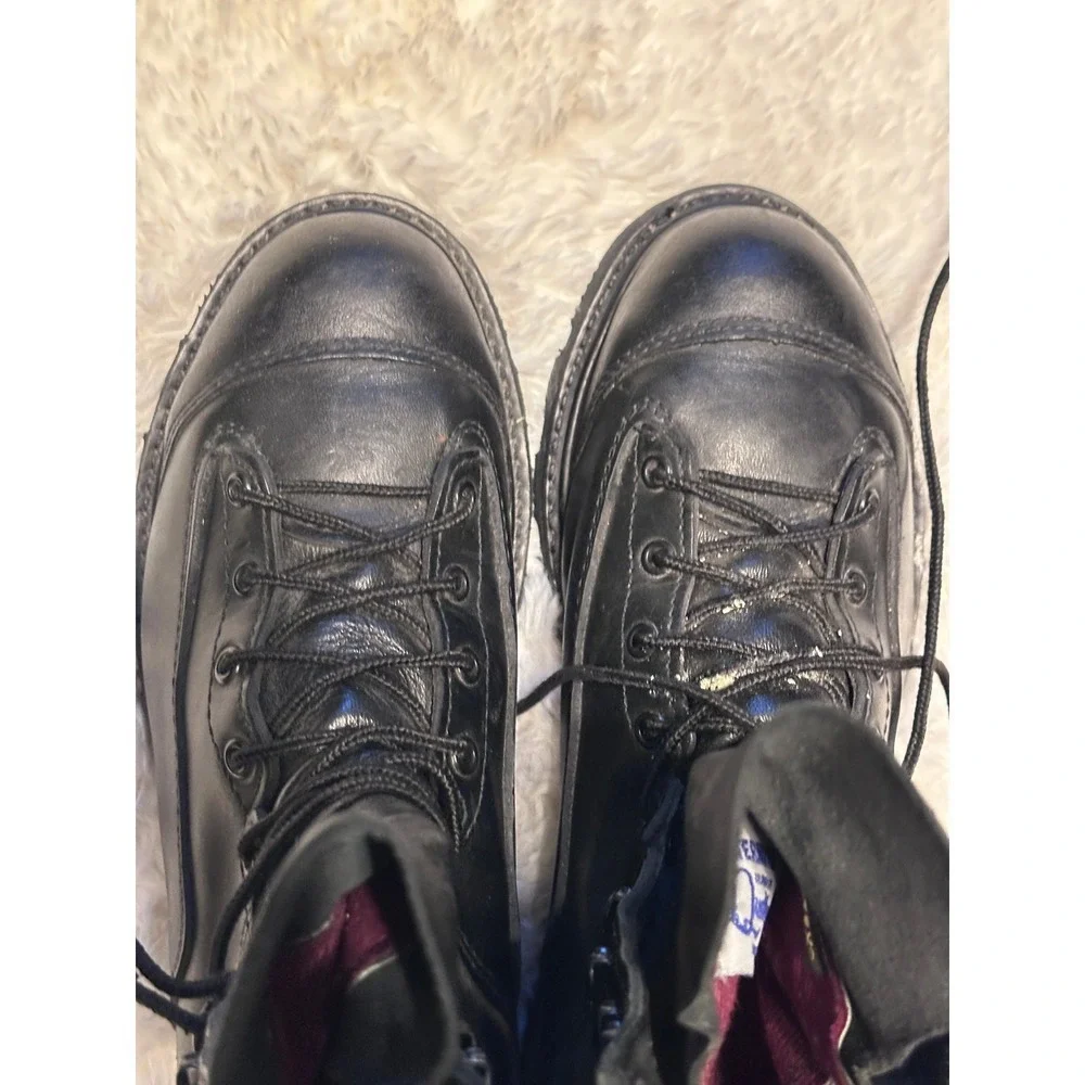 VIBRAM Black Leather Logger Work Boots Lace Up Round Toe Tall Motorcycle
